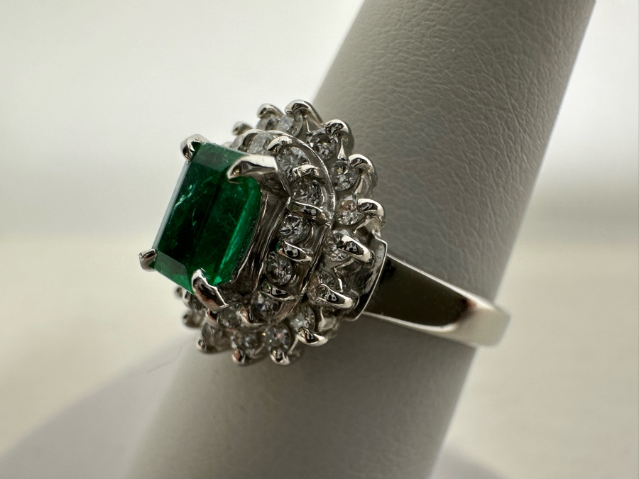 Platinum 900 Emerald & Diamond Ring Size 7 6.5g	 [Photo 11]