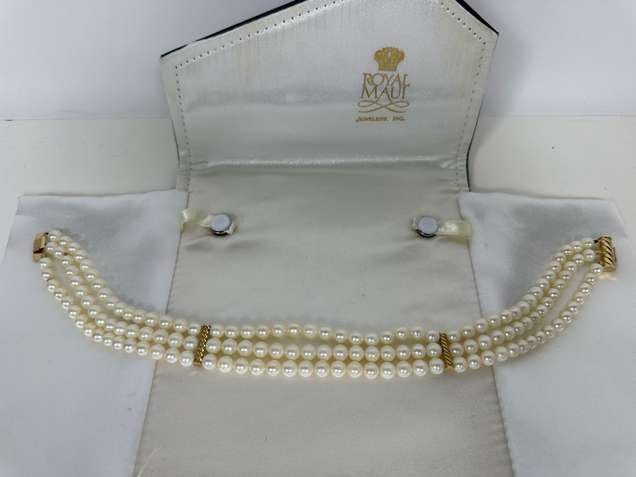 Royal Maui Jewelers Triple Strand Pearl 12' Necklace With 14K Gold Bars And Clasp [Photo 5]