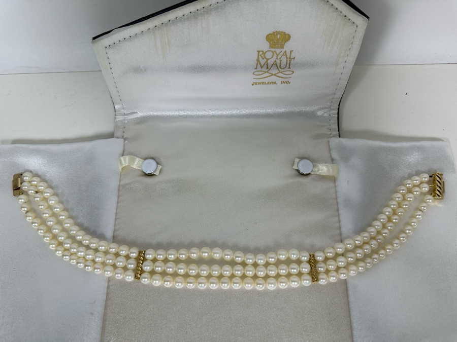 Royal Maui Jewelers Triple Strand Pearl 12' Necklace With 14K Gold Bars And Clasp [Photo 7]