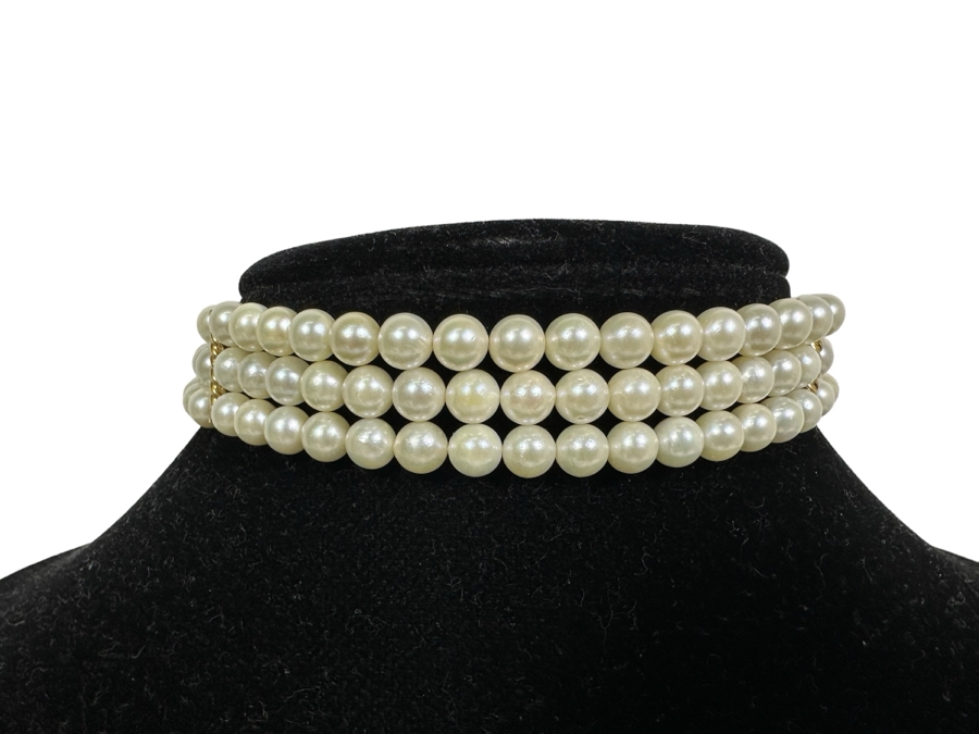 Royal Maui Jewelers Triple Strand Pearl 12' Necklace With 14K Gold Bars And Clasp [Photo 3]