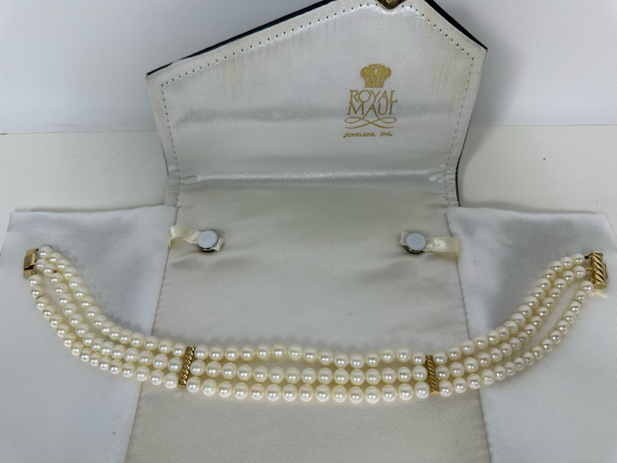 Royal Maui Jewelers Triple Strand Pearl 12' Necklace With 14K Gold Bars And Clasp [Photo 6]