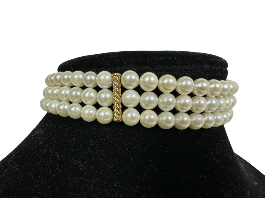 Royal Maui Jewelers Triple Strand Pearl 12' Necklace With 14K Gold Bars And Clasp [Photo 4]