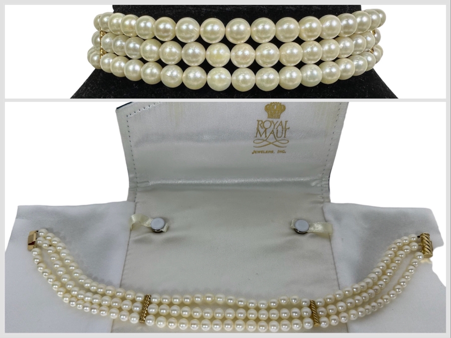 Royal Maui Jewelers Triple Strand Pearl 12' Necklace With 14K Gold Bars And Clasp [Photo 1]