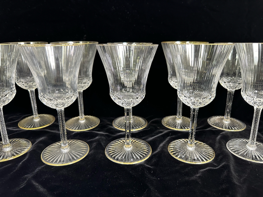 (10) Saint Louis Cristal Crystal Stemware Glasses Gold Rim Apollo Made In France (Oldest Glass Maker In France) Water Goblet 7 3/8H Retails $2,000