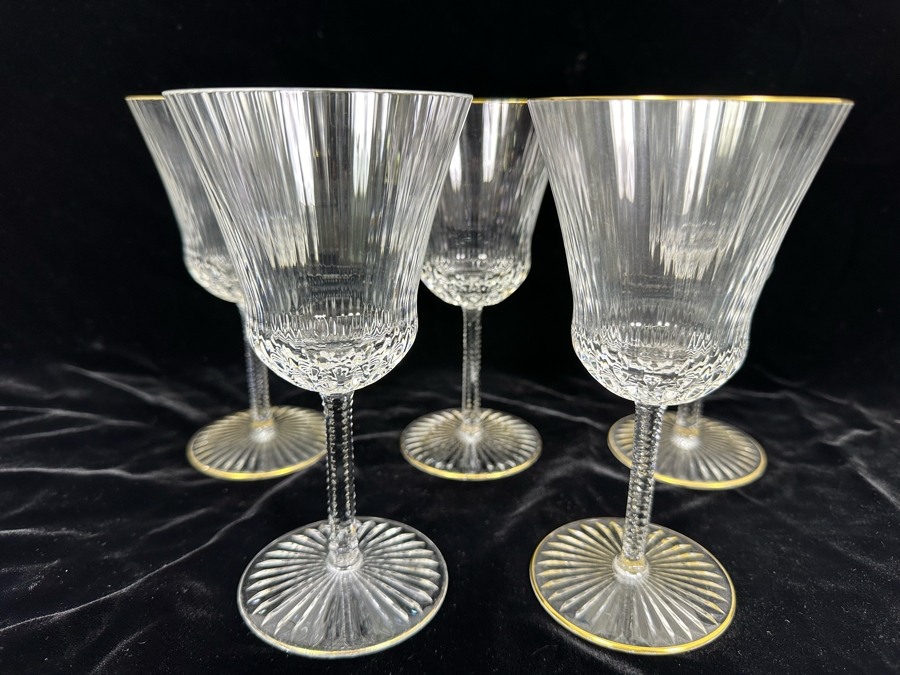 (5) Saint Louis Cristal Crystal Stemware Glasses Gold Rim Apollo Made In France (Oldest Glass Maker In France) Continental Goblet 7H Retails $900 [Photo 3]