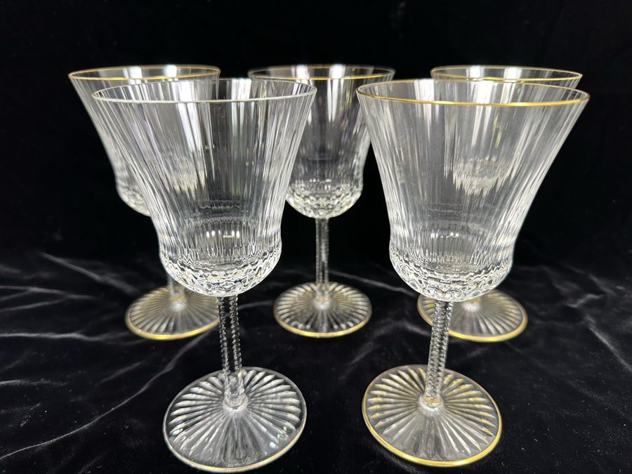 (5) Saint Louis Cristal Crystal Stemware Glasses Gold Rim Apollo Made In France (Oldest Glass Maker In France) Continental Goblet 7H Retails $900 [Photo 2]
