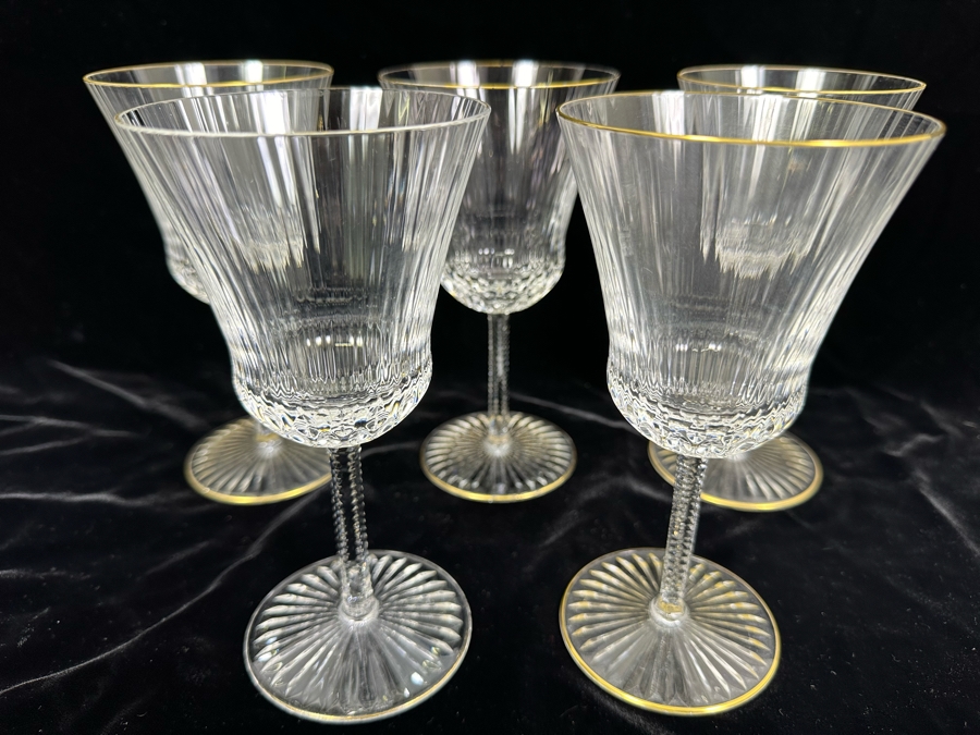 (5) Saint Louis Cristal Crystal Stemware Glasses Gold Rim Apollo Made In France (Oldest Glass Maker In France) Continental Goblet 7H Retails $900
