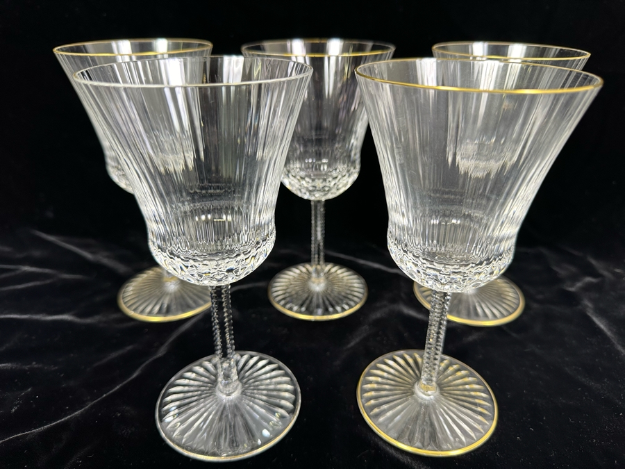 (5) Saint Louis Cristal Crystal Stemware Glasses Gold Rim Apollo Made In France (Oldest Glass Maker In France) Continental Goblet 7H Retails $900 [Photo 1]