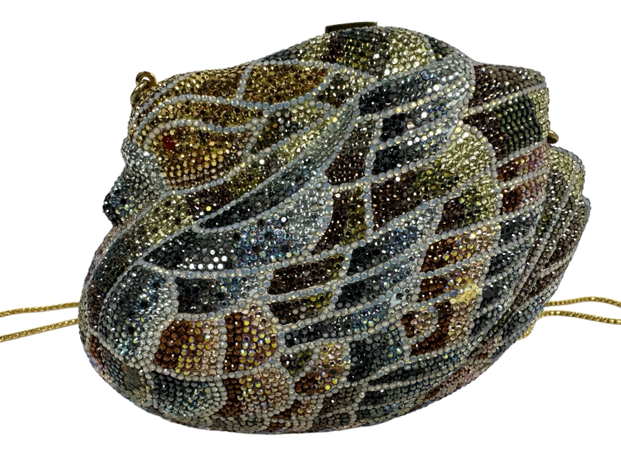 Judith Leiber New York Swarovski Crystal Swan Minaudiere Clutch Purse Evening Handbag With Mirror And Comb
