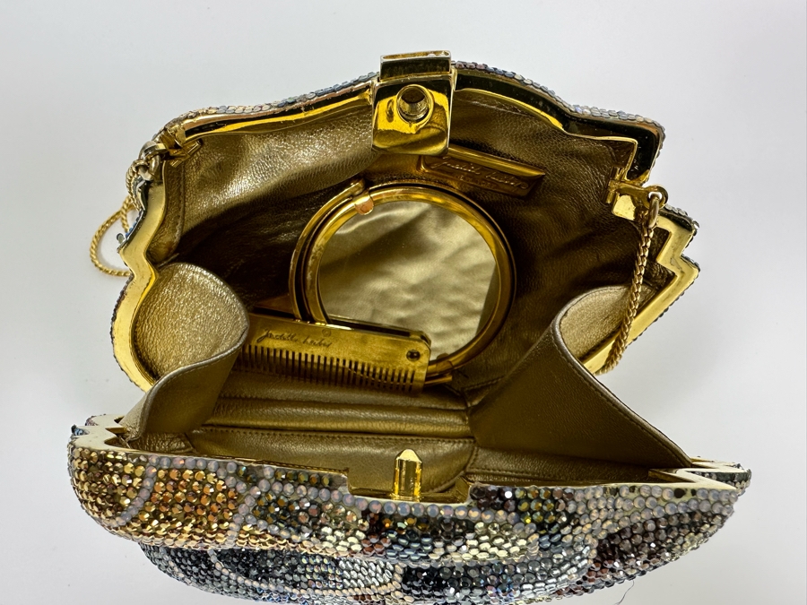 Judith Leiber New York Swarovski Crystal Swan Minaudiere Clutch Purse Evening Handbag With Mirror And Comb [Photo 11]