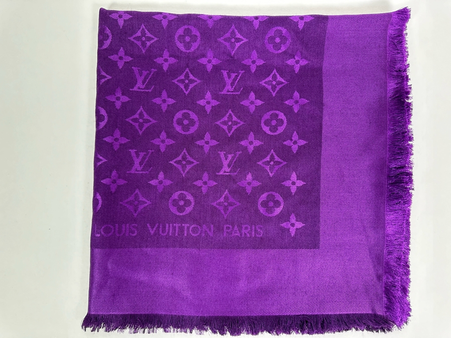 Louis Vuitton Wool Silk Monogram Shawl Amethyst Purple 56 X 56 [Photo 3]