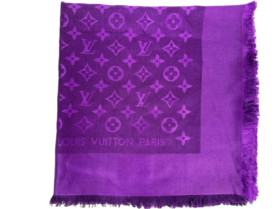 Louis Vuitton Wool Silk Monogram Shawl Amethyst Purple 56 X 56