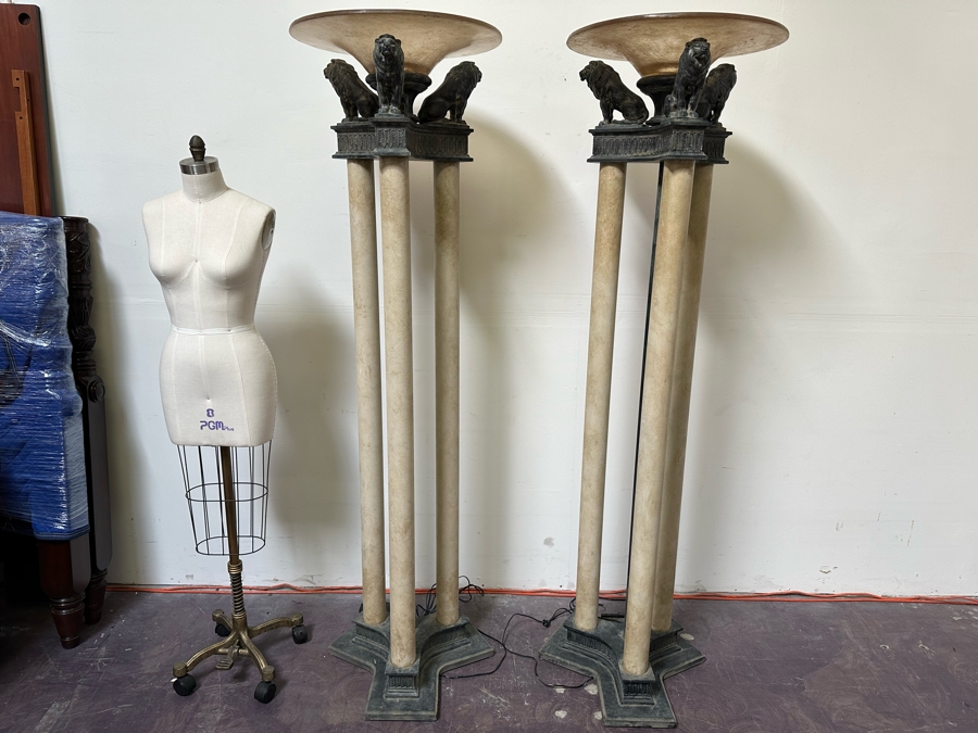 Pair Of Large Neo-Classical Style Lion Motif Torchiere Floor Lamps 77H X 24W [Photo 5]