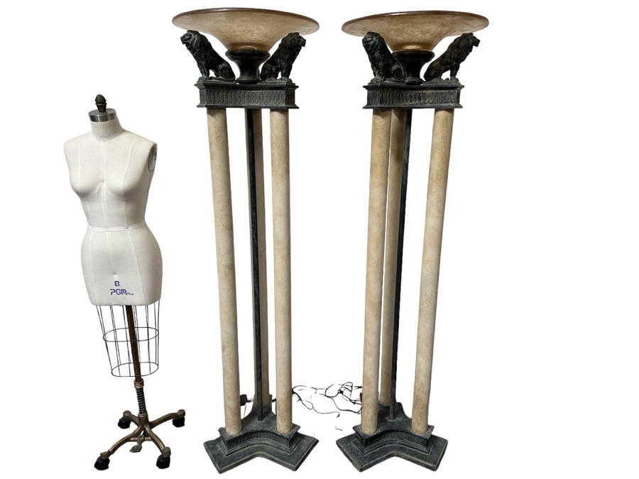 Pair Of Large Neo-Classical Style Lion Motif Torchiere Floor Lamps 77H X 24W