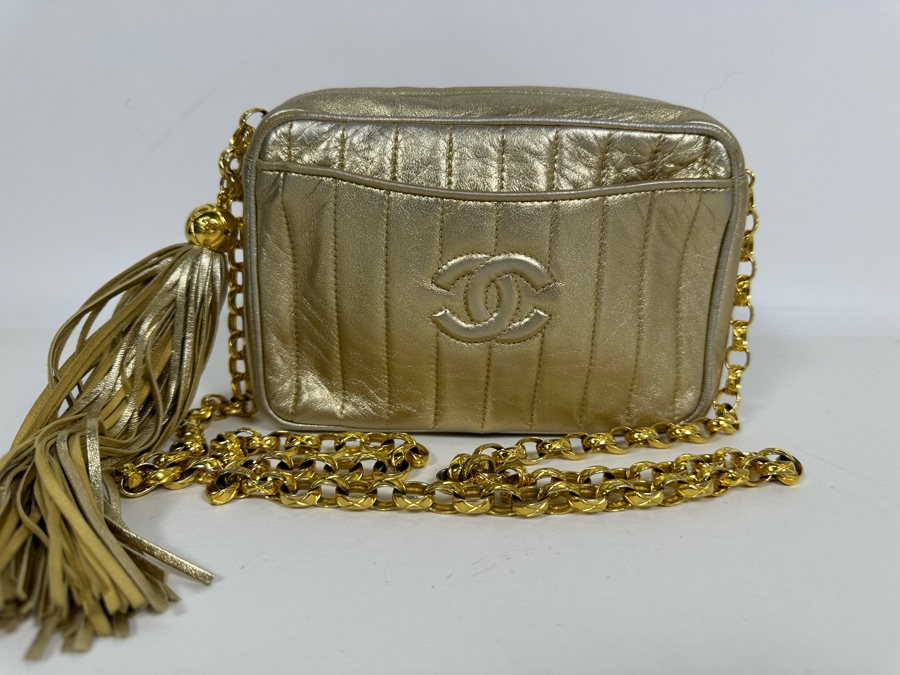 Vintage Channel Gold Leather Chain Mini Crossbody Bag With Tassel 8W X 5H X 2.5D [Photo 6]