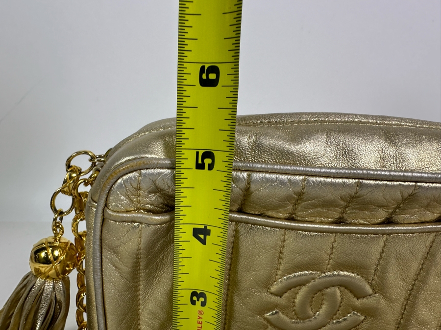 Vintage Channel Gold Leather Chain Mini Crossbody Bag With Tassel 8W X 5H X 2.5D [Photo 18]