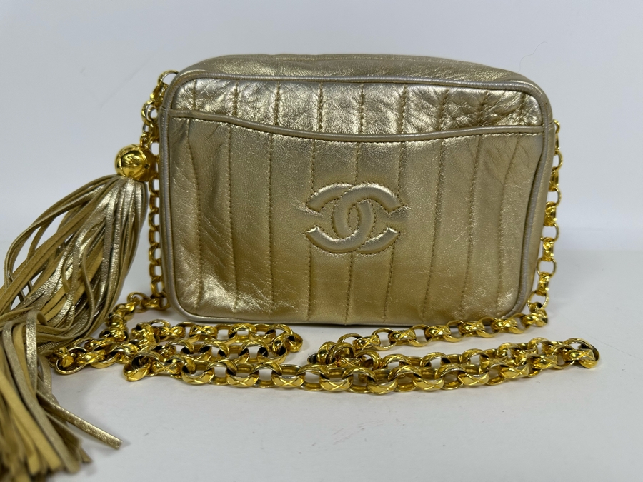 Vintage Channel Gold Leather Chain Mini Crossbody Bag With Tassel 8W X 5H X 2.5D [Photo 7]