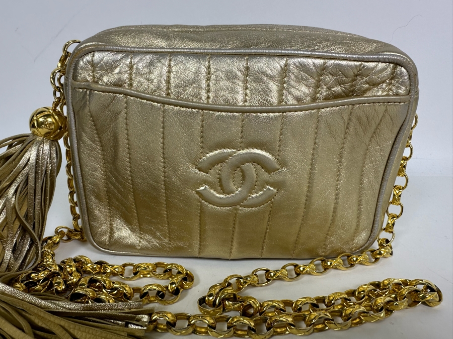 Vintage Channel Gold Leather Chain Mini Crossbody Bag With Tassel 8W X 5H X 2.5D [Photo 4]
