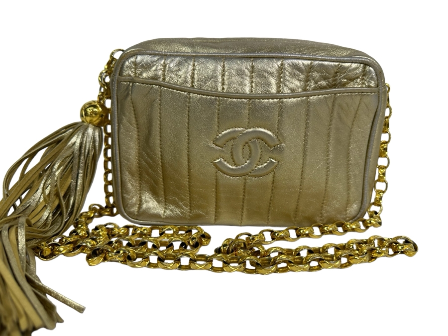 Vintage Channel Gold Leather Chain Mini Crossbody Bag With Tassel 8W X 5H X 2.5D [Photo 3]