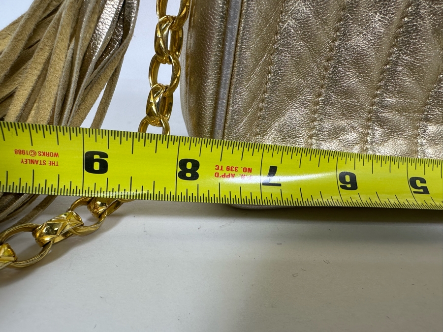 Vintage Channel Gold Leather Chain Mini Crossbody Bag With Tassel 8W X 5H X 2.5D [Photo 17]