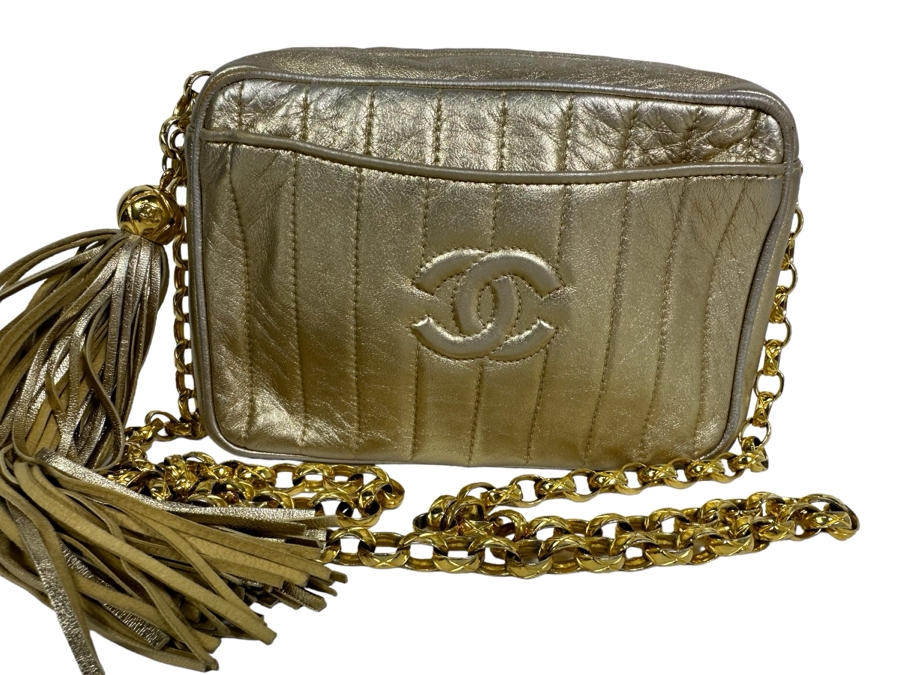 Vintage Channel Gold Leather Chain Mini Crossbody Bag With Tassel 8W X 5H X 2.5D [Photo 2]