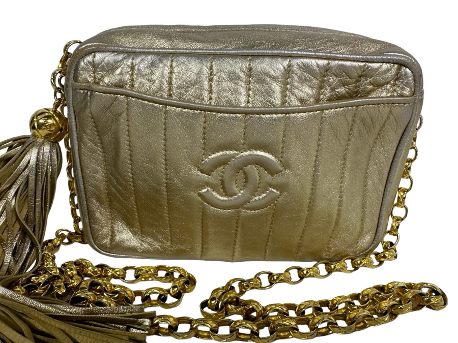 Vintage Channel Gold Leather Chain Mini Crossbody Bag With Tassel 8W X 5H X 2.5D