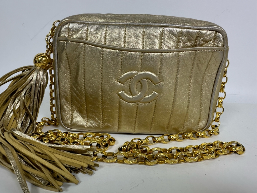 Vintage Channel Gold Leather Chain Mini Crossbody Bag With Tassel 8W X 5H X 2.5D [Photo 5]