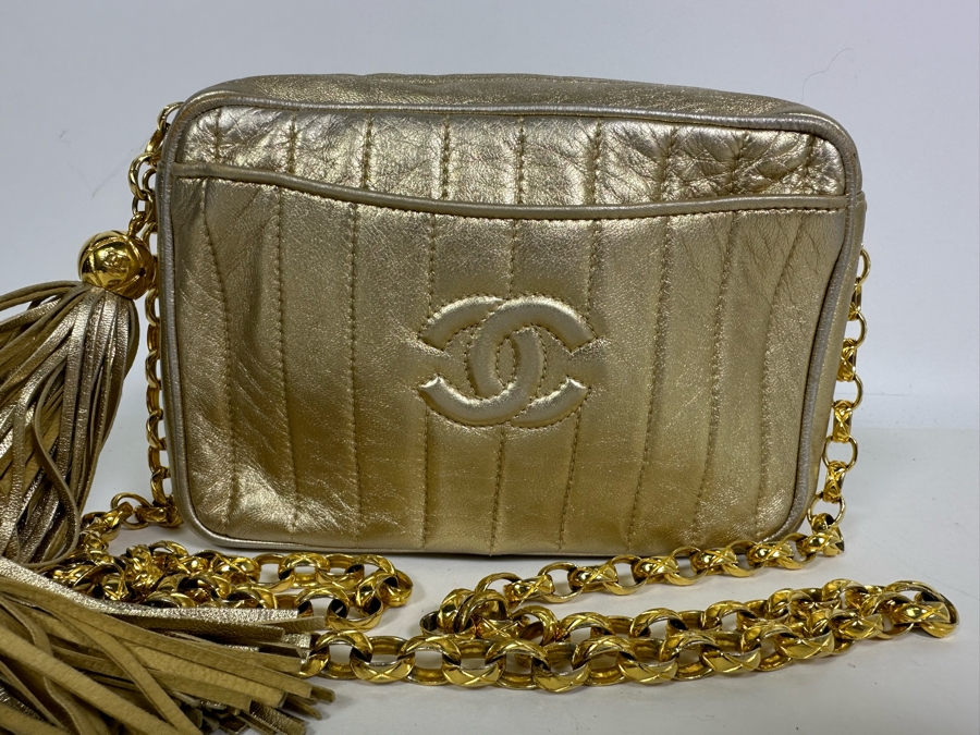 Vintage Channel Gold Leather Chain Mini Crossbody Bag With Tassel 8W X 5H X 2.5D [Photo 8]