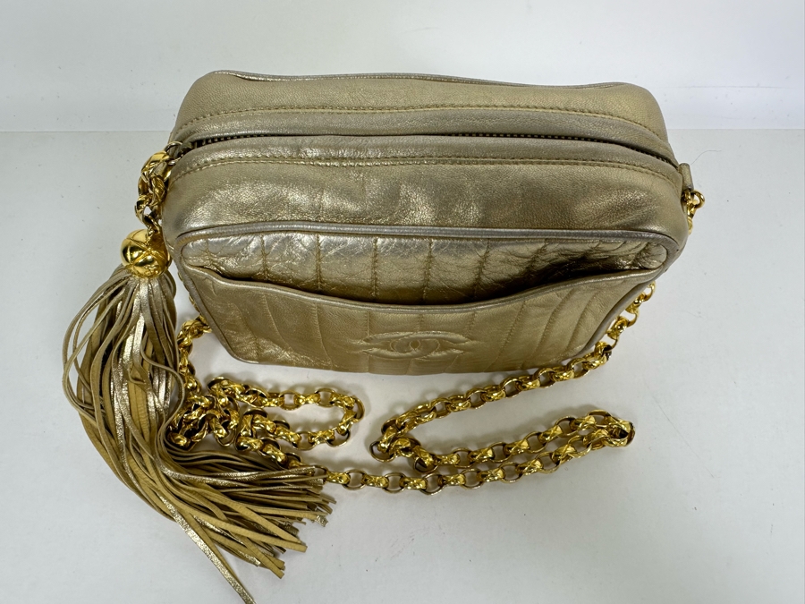 Vintage Channel Gold Leather Chain Mini Crossbody Bag With Tassel 8W X 5H X 2.5D [Photo 9]