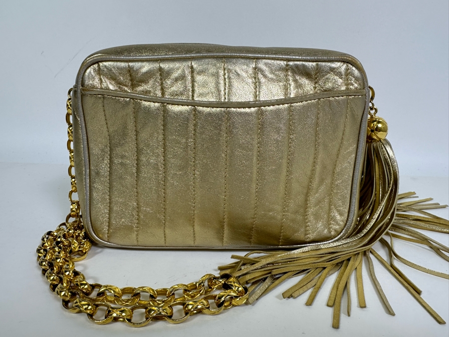 Vintage Channel Gold Leather Chain Mini Crossbody Bag With Tassel 8W X 5H X 2.5D [Photo 10]