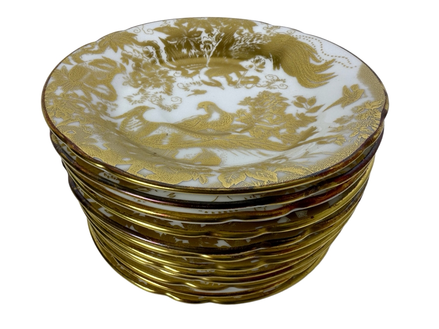Royal Crown Derby English Bone China Aves Gold China - 36 Pieces - Cup Saucers Shown In Separate Photo [Photo 2]