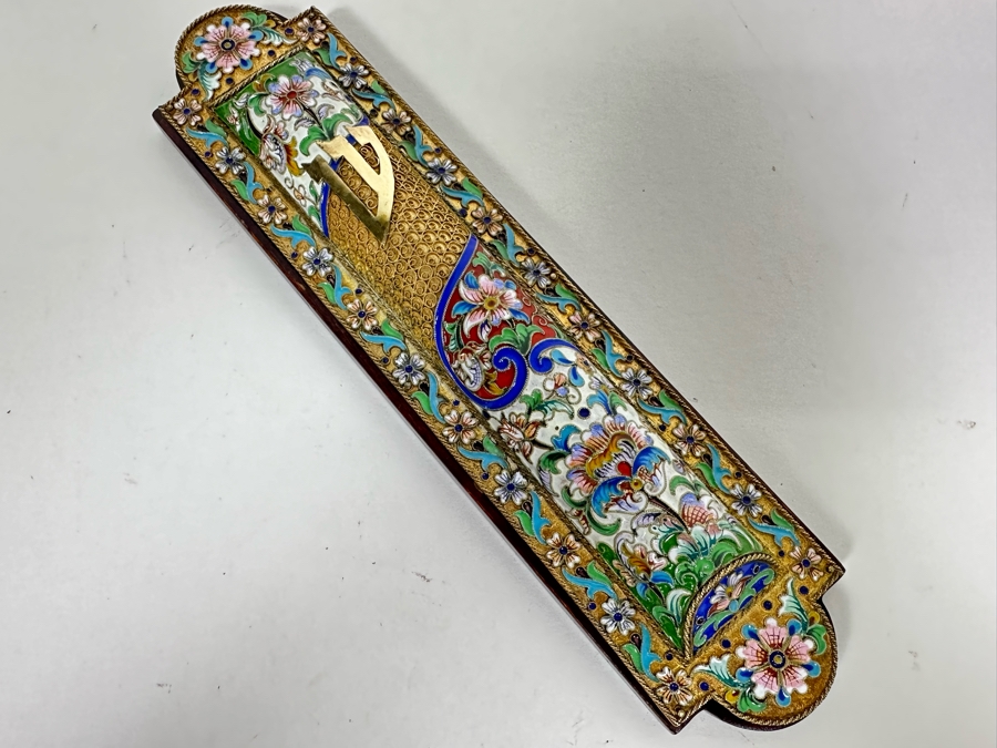 Stunning Russian Judaica Silver Enamel Filigree Mezuzah On Wood Hallmarked 84 9L X 2.25W 154.7g [Photo 2]