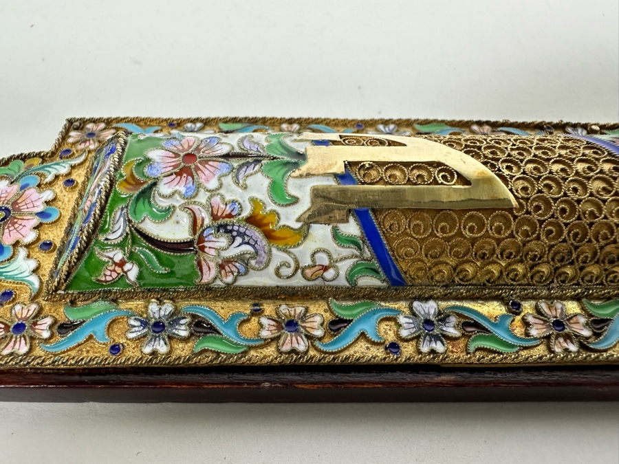 Stunning Russian Judaica Silver Enamel Filigree Mezuzah On Wood Hallmarked 84 9L X 2.25W 154.7g [Photo 14]