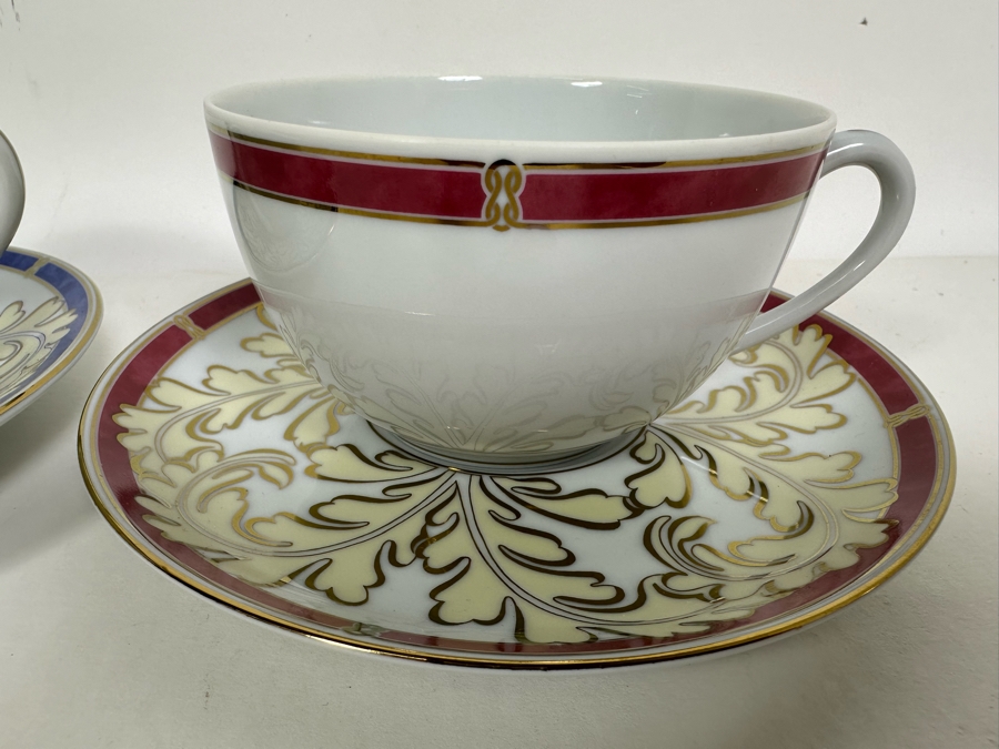 Christofle Porcelain Cups & Saucers (Oceana Rouge & Blue Aida), Set Of Three [Photo 5]