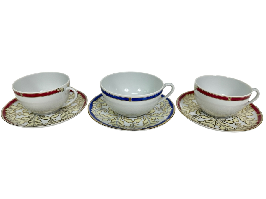 Christofle Porcelain Cups & Saucers (Oceana Rouge & Blue Aida), Set Of Three