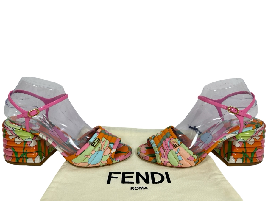 FENDI Promenade Floral Print Sandals 38 1/2 US Size 8.5
