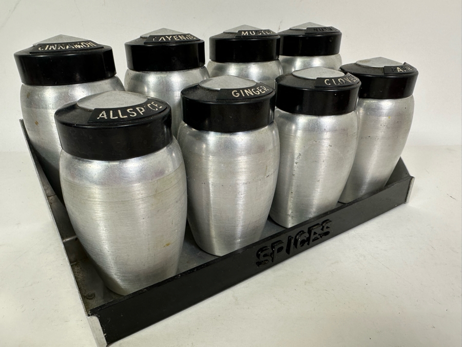 Vintage Art Deco Machine Age Aluminum Spice Jars With Rack By Kromex 10W X 5D X 5H [Photo 6]