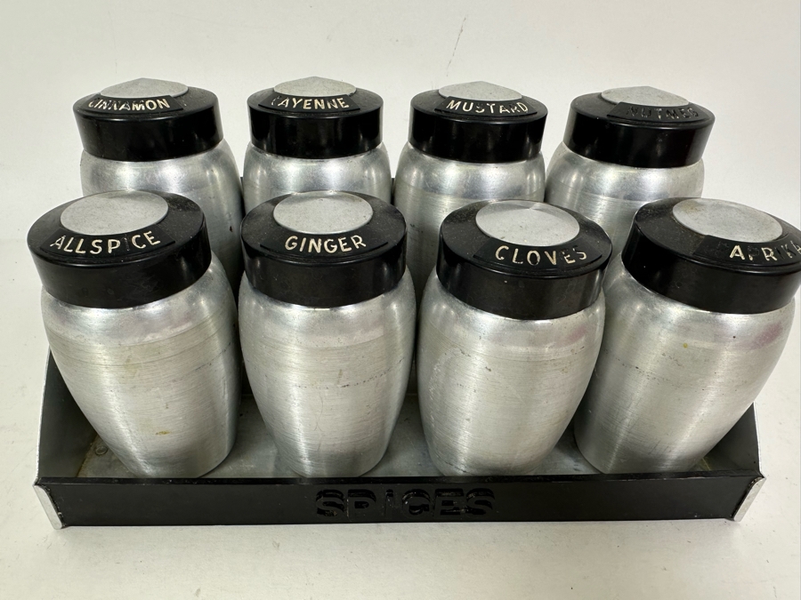 Vintage Art Deco Machine Age Aluminum Spice Jars With Rack By Kromex 10W X 5D X 5H [Photo 3]