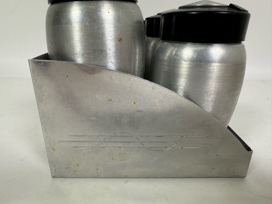 Vintage Art Deco Machine Age Aluminum Spice Jars With Rack By Kromex 10W X 5D X 5H [Photo 10]