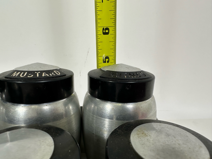 Vintage Art Deco Machine Age Aluminum Spice Jars With Rack By Kromex 10W X 5D X 5H [Photo 18]