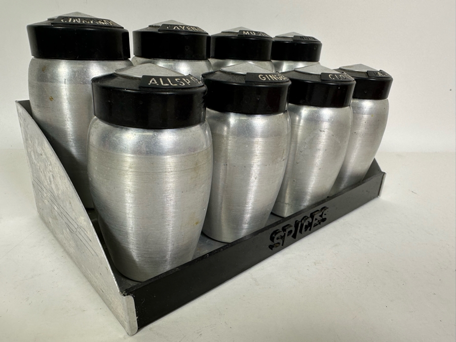 Vintage Art Deco Machine Age Aluminum Spice Jars With Rack By Kromex 10W X 5D X 5H [Photo 7]