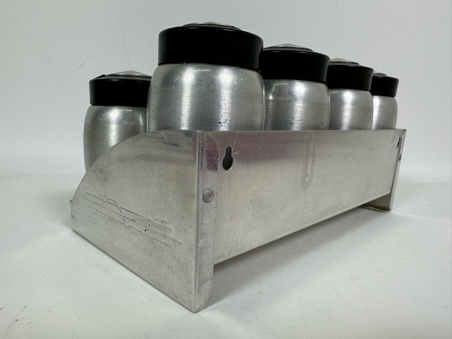 Vintage Art Deco Machine Age Aluminum Spice Jars With Rack By Kromex 10W X 5D X 5H [Photo 13]