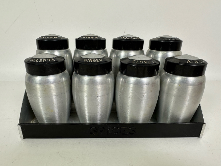Vintage Art Deco Machine Age Aluminum Spice Jars With Rack By Kromex 10W X 5D X 5H [Photo 2]