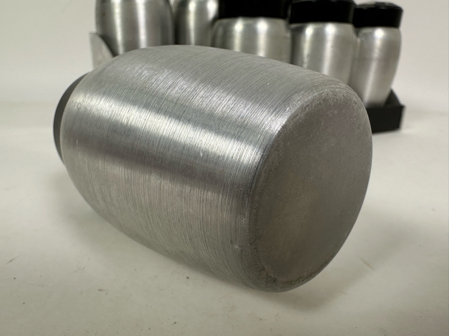 Vintage Art Deco Machine Age Aluminum Spice Jars With Rack By Kromex 10W X 5D X 5H [Photo 9]