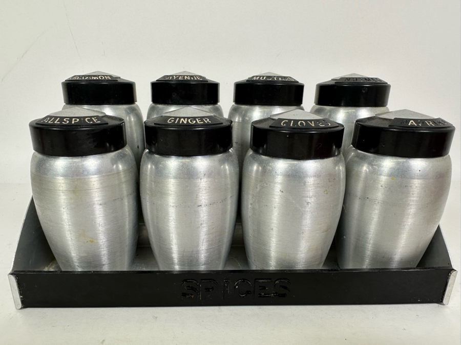 Vintage Art Deco Machine Age Aluminum Spice Jars With Rack By Kromex 10W X 5D X 5H [Photo 4]