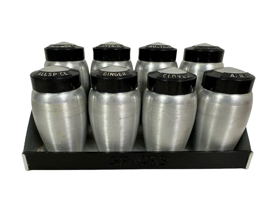 Vintage Art Deco Machine Age Aluminum Spice Jars With Rack By Kromex 10W X 5D X 5H [Photo 1]