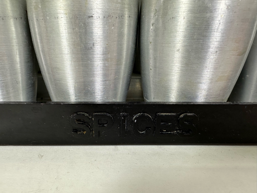 Vintage Art Deco Machine Age Aluminum Spice Jars With Rack By Kromex 10W X 5D X 5H [Photo 5]