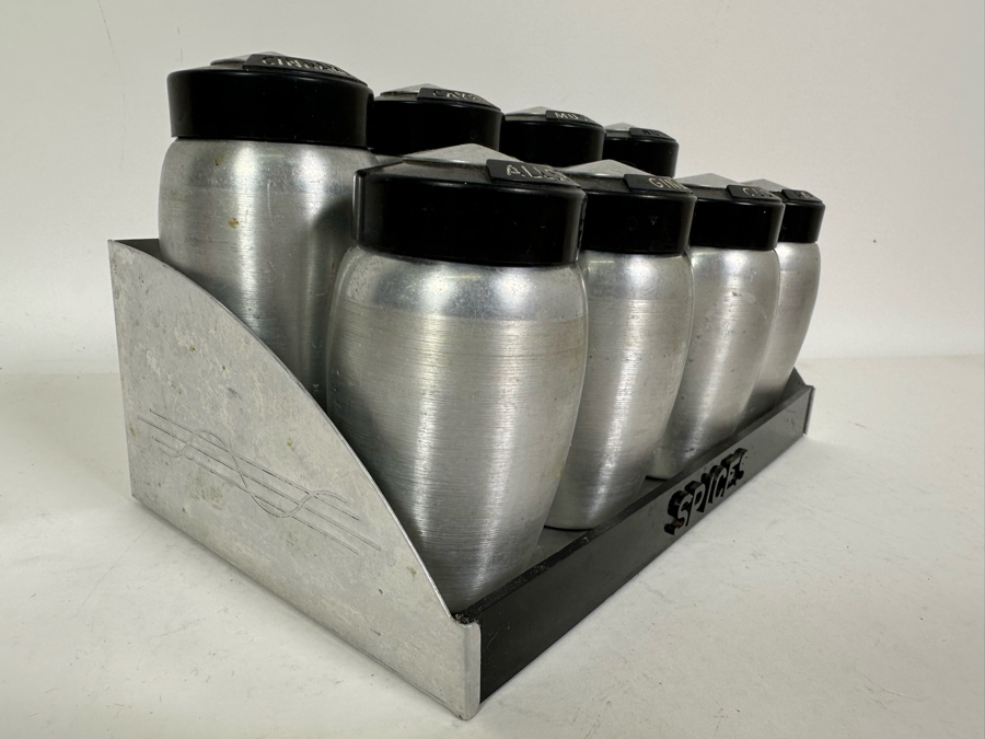 Vintage Art Deco Machine Age Aluminum Spice Jars With Rack By Kromex 10W X 5D X 5H [Photo 8]