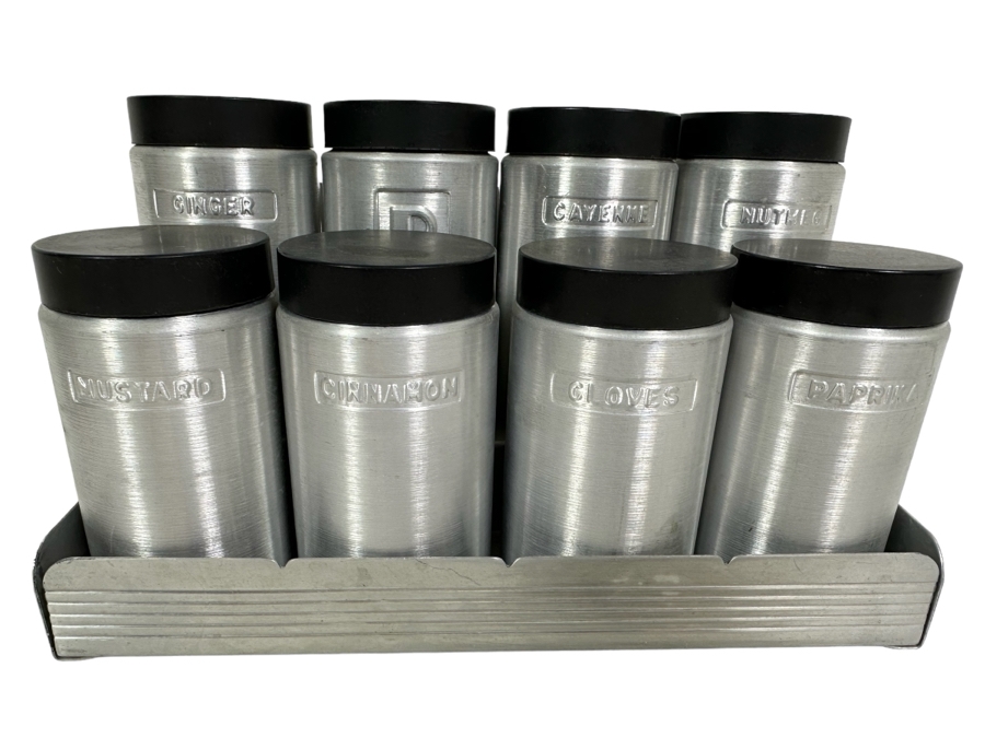 Vintage Art Deco Machine Age Aluminum Spice Jars With Rack By Kromex 9W X 4.5D X 5H [Photo 1]