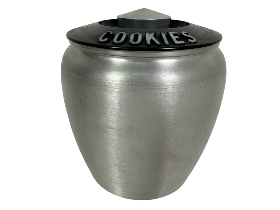 Vintage Art Deco Machine Age Aluminum Cookie Jar By RJX 7W X 8H
